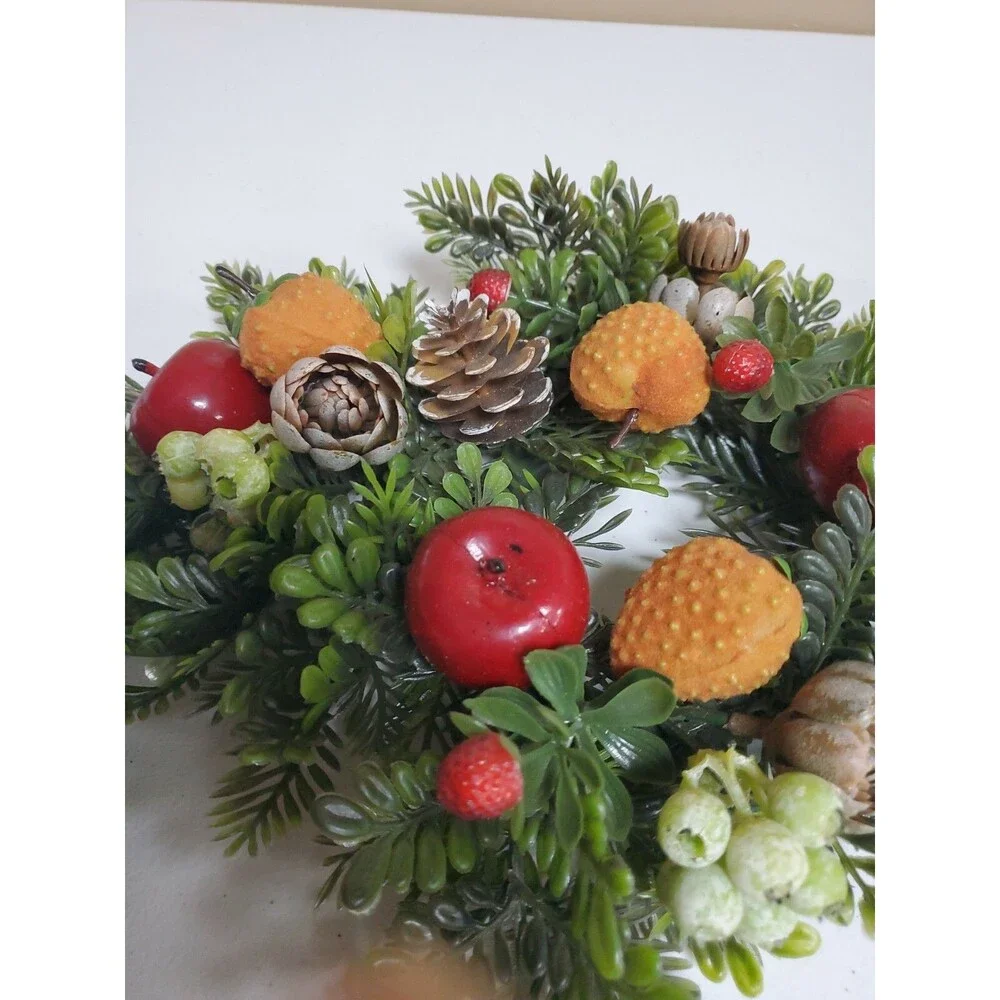 Vintage Plastic Christmas Candle Ring Apples Berries Pinecones Evergreen